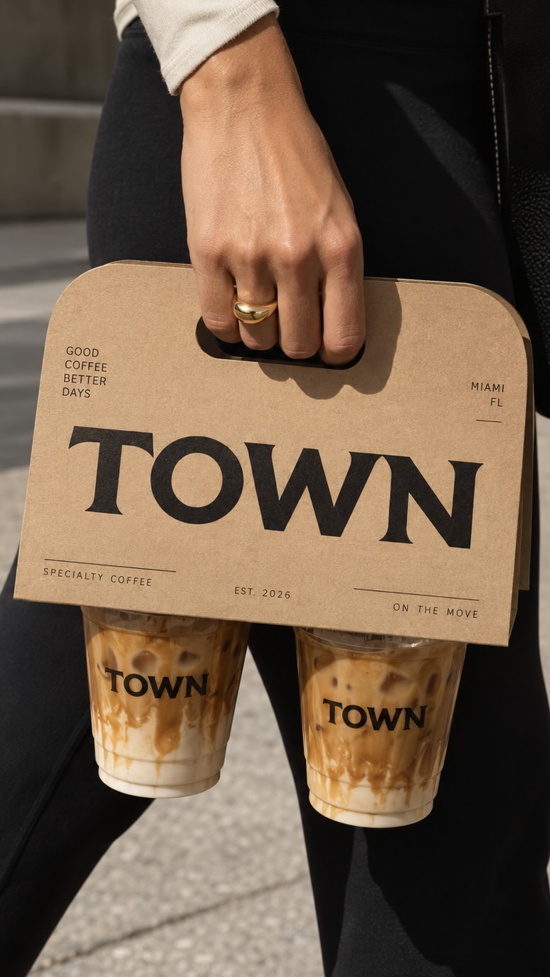 Hand holding a kraft Town carrier with two iced lattes in Town cups
