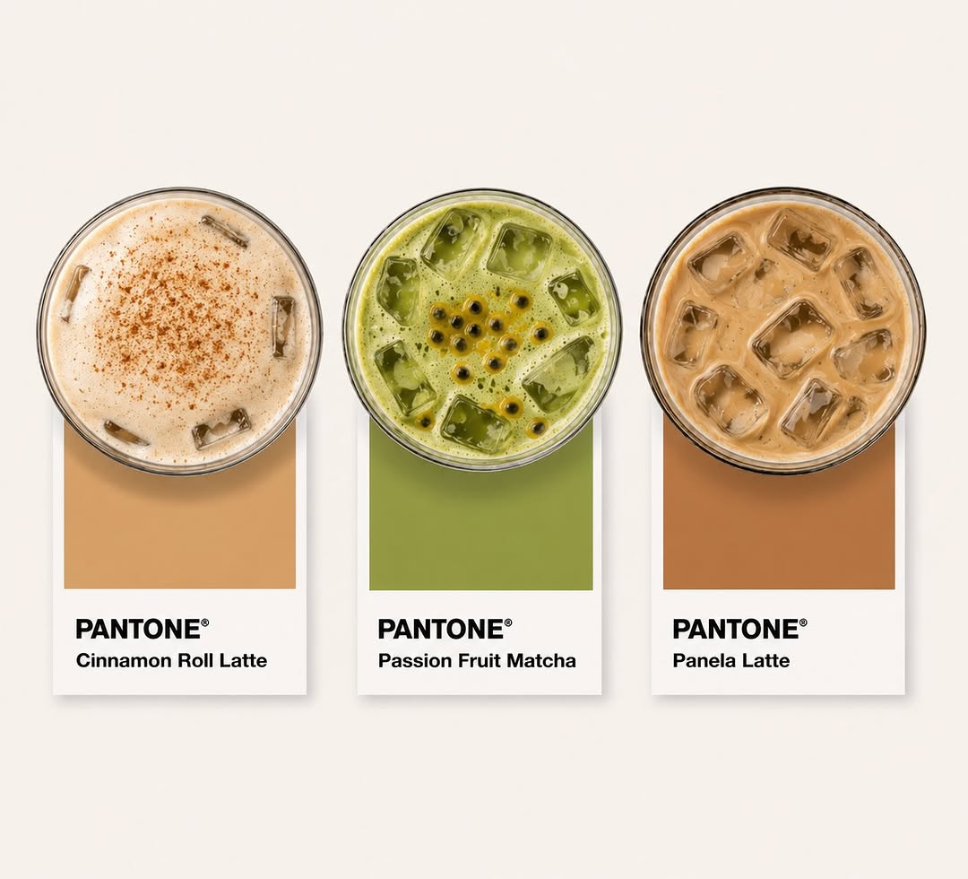 Pantone-style cards for Cinnamon Roll Latte, Passion Fruit Matcha and Panela Latte